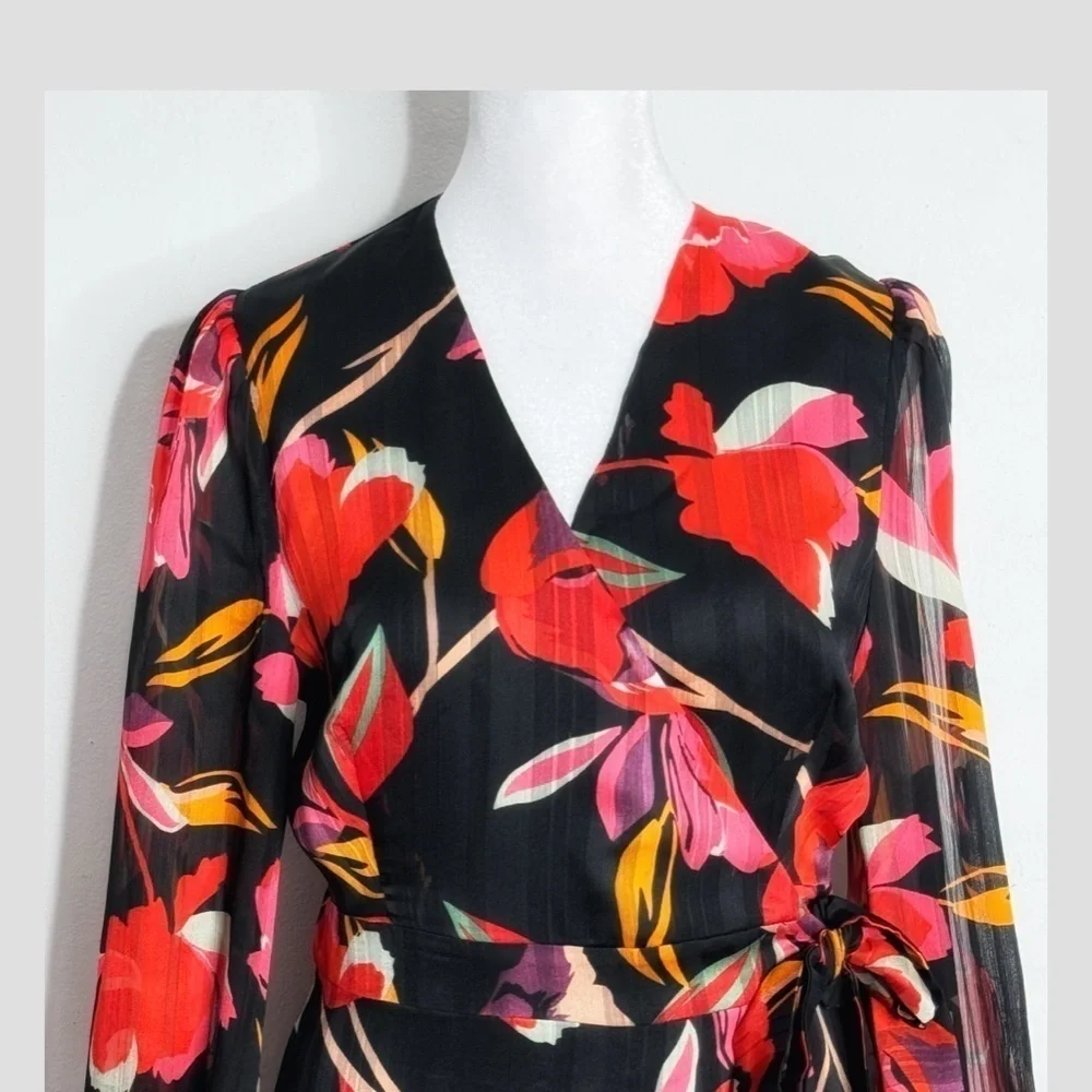 Adelyn Rae Wrap Dress High Low Chiffon Long Sleeve Black Red Print Sheer Sleeve
